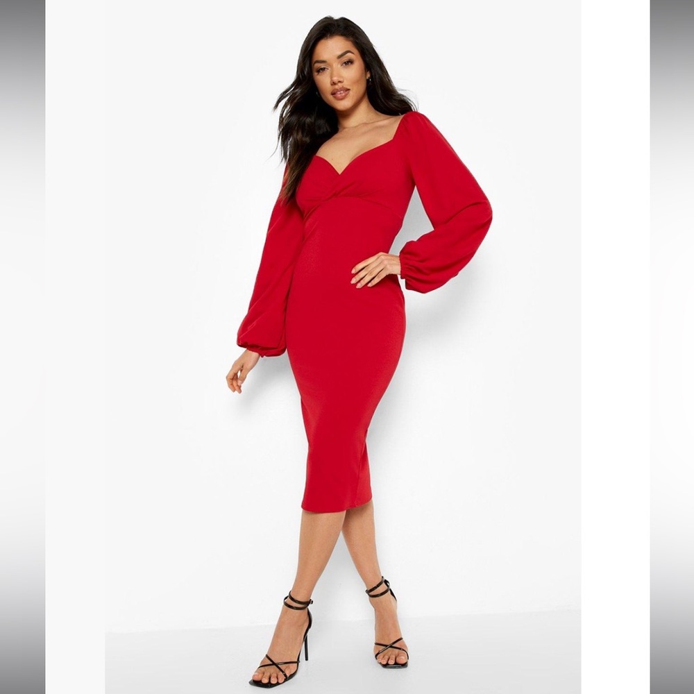 Boohoo Puff Sleeve Red Midi Dress size 10. NWT
